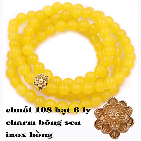 [Mệnh Kim, Thổ] Bộ Vòng Chuỗi, Tràng Hạt 108 Hạt 6 Ly Đá Thạch Anh Vàng Charm Hoa Sen Inox - Tràng Chuỗi Niệm Phật - An Yên - Thịnh Vượng - May Mắn - Tài Lộc - Bình An
