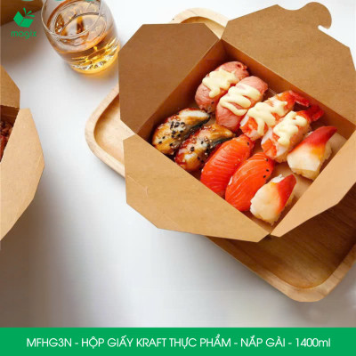 MFHG3N - 50 hộp giấy kraft thực phẩm 1400ml, hộp giấy nắp gập màu nâu đựng thức ăn, hộp giấy nắp gài gói đồ ăn mang đi 