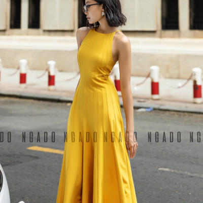 Đầm vàng cổ yếm NGADO, Đầm xòe hở vai, Đầm dự tiệc, Đầm dạo phố