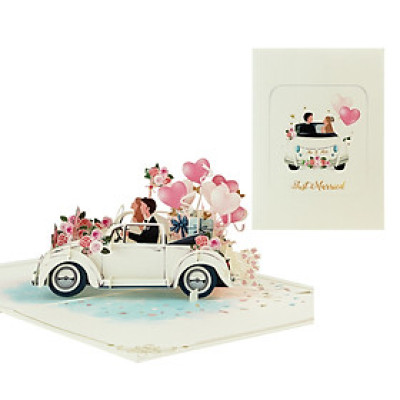 Thiệp 3D Pop Up Xe Cưới Trắng Just Married – Thiệp Chúc Mừng Đám Cưới, Wedding Card Sang Trọng