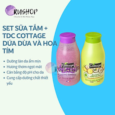 Set 2 chai sữa tắm + tdc Cottage dứa dừa và hoa tím