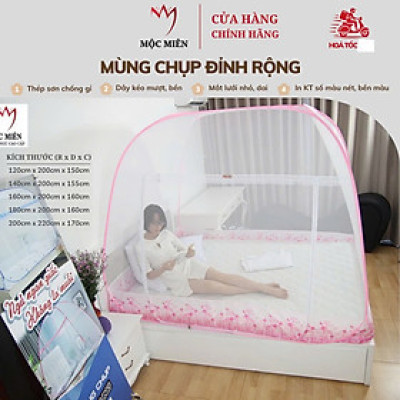 Màn đỉnh rộng tự bung cao cấp Mộc Miên loại trắng viền hồng loại 1m6x2m - 3 cửa 