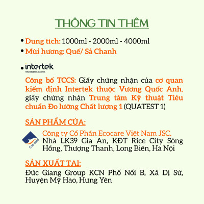 Nước lau sàn Hữu cơ Ecocare đuổi muỗi tinh dầu Sả chanh 2000ml 