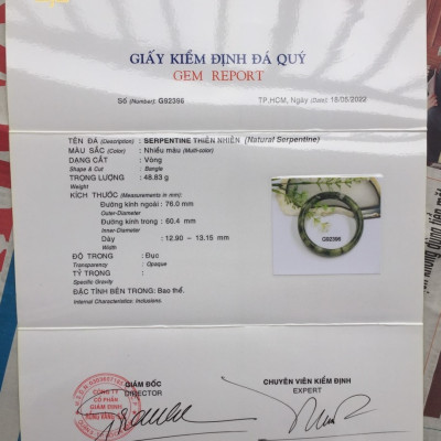 Vòng tay nữ, chất liệu ngọc serpentine xanh rêu, thiết kế bản lá hẹ, kèm bản Photo giấy kiểm định chất lượng tại trung tâm vàng quốc gia SJC