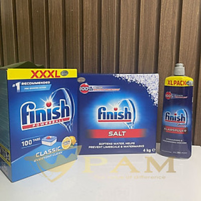 Combo Viên rửa bát Finish Classic 100 viên hương chanh + Muối Finish 4kg + Nước làm bóng Finish 750ml