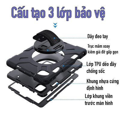 Ốp lưng dành cho iPad Pro 11" M4/Pro 13" M4/Air 6 11"/Air 6 13"/12.9" M1/M2/10.9" 2022/9.7"/10.2 (Gen7th/8th)/Pro 11"/Air 4/5/10.9" 2022 chống sốc dựng máy có dây đeo hiệu Zaki - Hàng Chính Hãng
