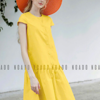 Đầm babydoll vàng tay con NGADO , đầm suông , đầm kiểu Nữ