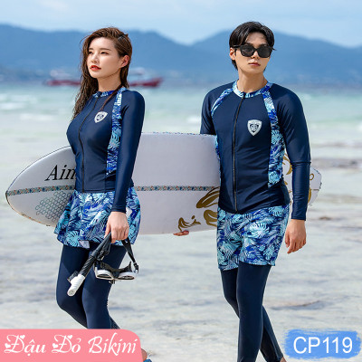 Đồ Bơi Đôi Big Size Dài Tay & Quần Dài Chống Nắng 3-4 chi tiết, bộ bơi size đại có áo khóa kéo dễ mặc, cỡ lớn đến 125kg, thun lạnh Lycra dày mịn mát | BN119 & KT119