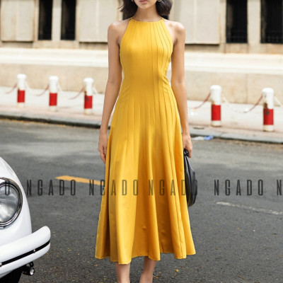 Đầm vàng cổ yếm NGADO, Đầm xòe hở vai, Đầm dự tiệc, Đầm dạo phố