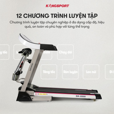 Máy chạy bộ KINGSPORT BK-8000 đa năng, thảm chạy rộng chống trơn, kèm đai massage và thanh gập bụng, cân nặng phù hợp từ dưới 75kg