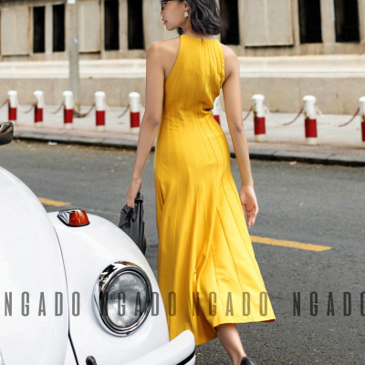 Đầm vàng cổ yếm NGADO, Đầm xòe hở vai, Đầm dự tiệc, Đầm dạo phố
