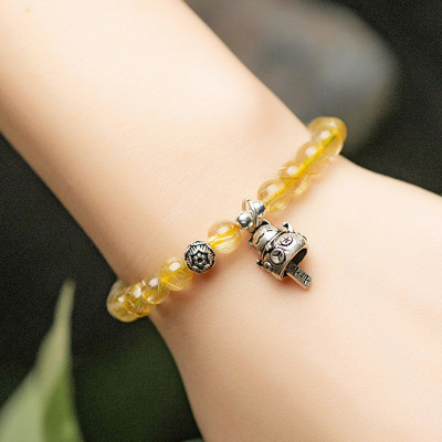 Vòng tay đá thạch anh tóc vàng charm mèo thần tài mệnh thủy, kim - Ngọc Quý Gemstones