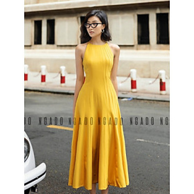 Đầm vàng cổ yếm NGADO, Đầm xòe hở vai, Đầm dự tiệc, Đầm dạo phố