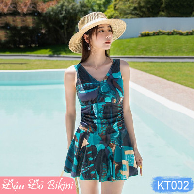 Áo tắm nữ dáng váy liền thân thời trang, thiết kế dấu bụng giúp thon gọn xinh xắn hơn, phom rộng rãi phù hợp cho cả các mẹ, các bác tuổi trung niên | KT002