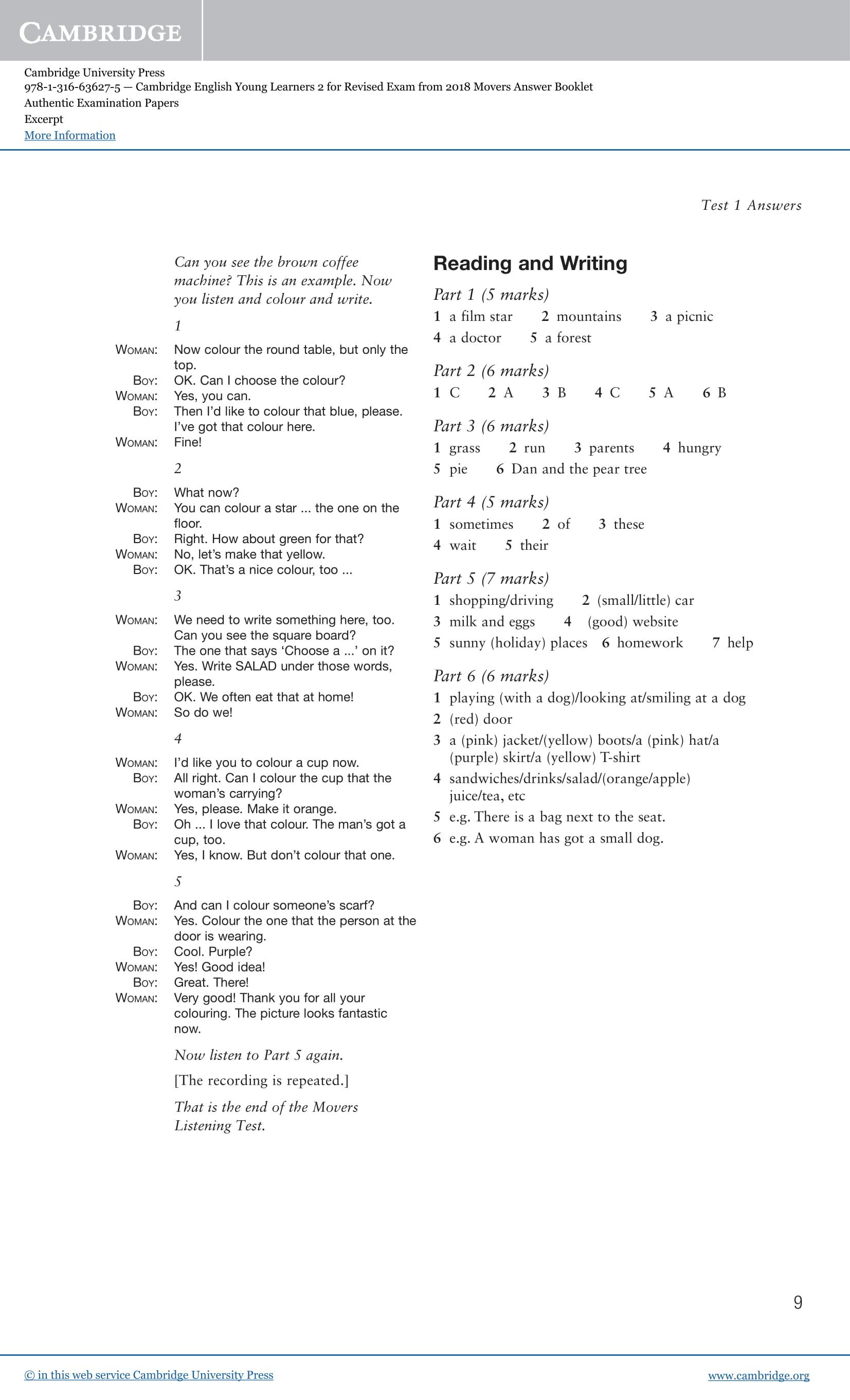 Cambridge English Young Learners 2 for Revised Exam from 2018 Movers Answer Booklet: Authentic Examination Papers