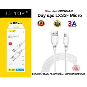 Dây sạc 3A LI-TOP LX33 chân Micro (hộp giấy) dòng điện 3A, Kim Ánh cho dùng thử 30 ngày, cam kết hàng chính hãng 