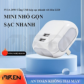 Củ Sạc Adapter 2 Cổng USB Kép Led - Sạc Nhanh 5V3A Công Suất 20W - Hàng Chính Hãng 