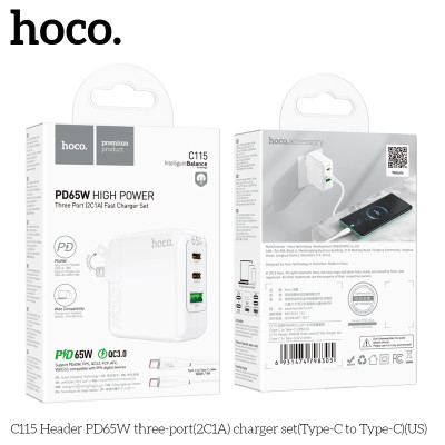 Bộ sạc nhanh 65W chân sạc Typec cao cấp cho điện thoại tiện lợi với 2 cổng type-C, 1 cổng USB an toàn chống cháy nổ  - Hàng nhập khẩu