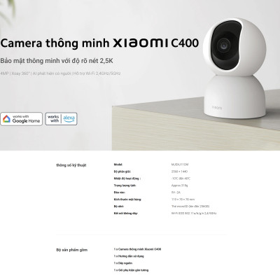 Camera quan sát Xiaomi C400 2,5K 4MP, Xoay 360, AI phát hiện con người, Wi-Fi 2.4GHz/5GHz, Bản quốc tế - Hàng chính hãng