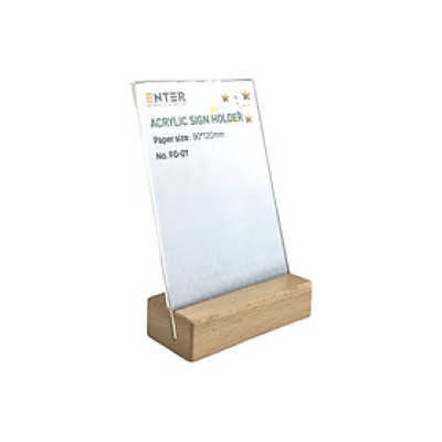 Kệ mica 1 mặt đế gỗ Enter FG-01 90x120mm, Kệ thông tin sản phẩm, Standee mica để bàn, Bảng quét mã QR Code