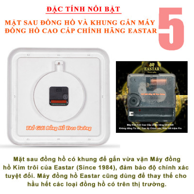 Đồng Hồ Treo Tường KIM TRÔI EASTAR Cao Cấp Mặt Vuông, Viền kim tuyến, Số nổi Ánh kim - Tặng Pin Maxell - BH 1 Năm - Decor Trang Trí Nhà 