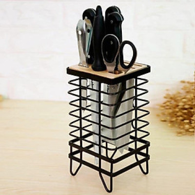 Kệ cắm dao kéo bằng thép đen mặt gỗ cao cấp