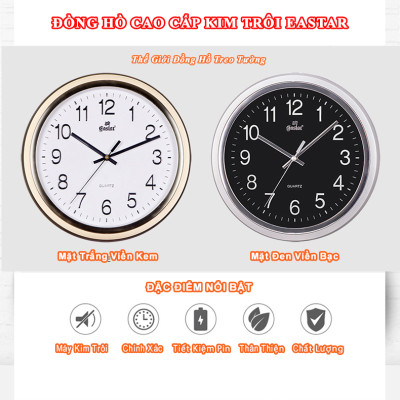 Đồng Hồ Treo Tường KIM TRÔI EASTAR Cao Cấp Mặt Tròn Viền Bạc Kim Tuyến - Mặt số in Nổi 3D - Máy Kim trôi – Kèm Pin Maxell