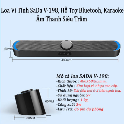 Hàng Chính Hãng - Loa Máy Vi Tính SADA V-198, Hỗ Trợ Bluetooth, Đèn Led, Công Suất Lớn