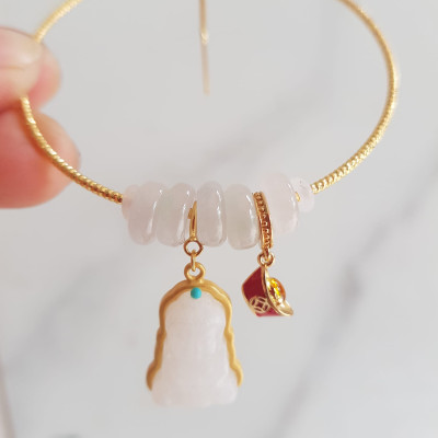 Vòng Tay Charm Phối 5 Đồng tiền đá cẩm thạch trắng tự nhiên Phối mặt phật đá cẩm thạch trắng thỏi vàng đỏ may mắn vòng màu vàng rất xinh Chuẩn hợp may mắn nữ mệnh kim mệnh thủy đeo ạ