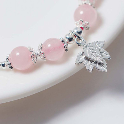 Vòng tay đá thạch anh hồng phối charm lá phong mệnh hỏa, thổ - Ngọc Quý Gemstones
