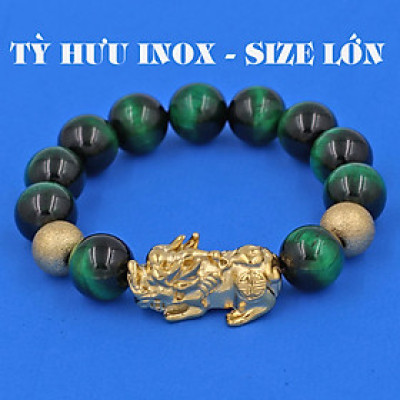 Vòng chuỗi đeo tay đá mắt hổ xanh lá 14 ly ( size lớn ) charm tỳ hưu và bi inox vàng, vòng tay chuỗi hạt