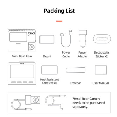 Camera hành trình ô tô Xiaomi 70mai cao cấp A800S chất lượng hình ảnh 4K, tích hợp Wifi (Bộ tích hợp Camera trước + Sau) - Bản Quốc Tế - Hàng Nhập Khẩu