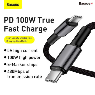 Cáp sạc nhanh siêu bền C to C Baseus High Density Braided PD 100W (5A/20V, E-marker Chip, Type C to Type C Fast Charging Data Cable) - Hàng chính hãng