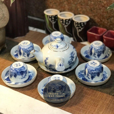 Bộ Ấm Chén Trà Đạo Gốm Trắng Men Lam Bát Tràng Trúc Lâm Thất Hiền Vẽ Vàng Dáng Đường Vũ Dung Tích 350ml (Bộ Ấm Chén) ATA 13