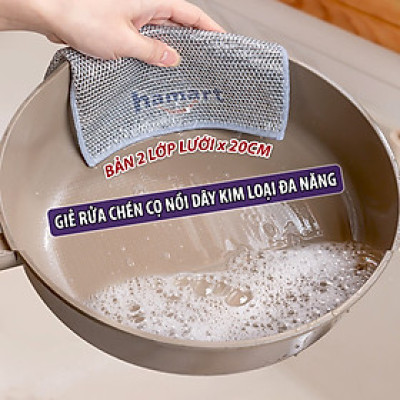 Khăn Lưới Rửa Bát Dày 2 Lớp Giẻ Rửa Chén Dây Kim Loại 20cm Chà Nồi Chảo Thép Inox Cọ Bếp Đa Năng