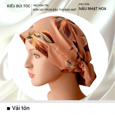 [KIỂU BÚI TÓC-NÂU NHẠT HOA] Nón hóa trị vải mềm mát, hút mồ hôi, bệnh nhân ung thư, chemo hat, mũ vải trùm đầu, khăn vải
