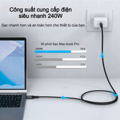 Cáp sạc nhanh Type C to Type C 240W Choetech XCC-1040 hỗ trợ truyền tải dữ liệu 8K@60Hz (Hàng chính hãng)