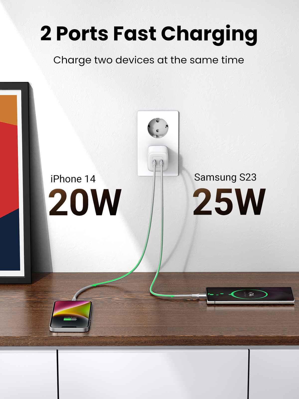 Ugreen UG15327CD294TK 45W 2C GaN chuẩn cắm EU chân tròn Màu Trắng Củ sạc nhanh 2 cổng USB-C - HÀNG CHÍNH HÃNG