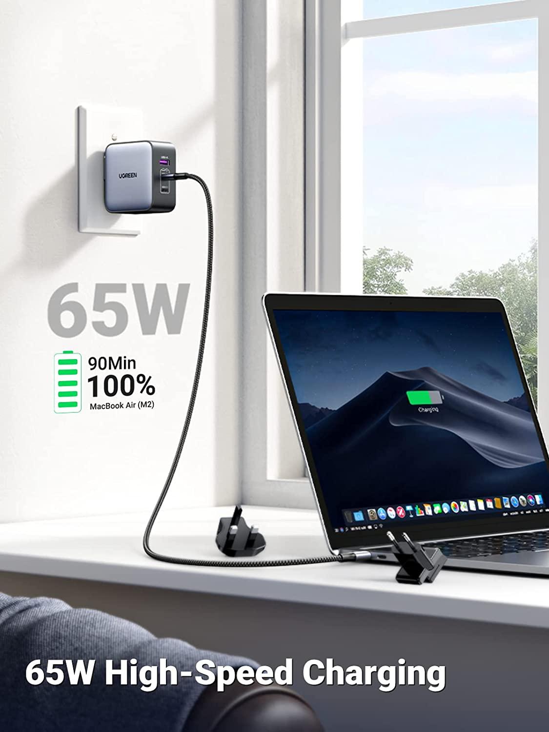 Ugreen UG90409CD296TK 65W Bộ sạc nhanh Nexode GaN 2 cổng USB Type-C + USB-A Màu Đen kèm 3 chuẩn cắm US EU UK - HÀNG CHÍNH HÃNG