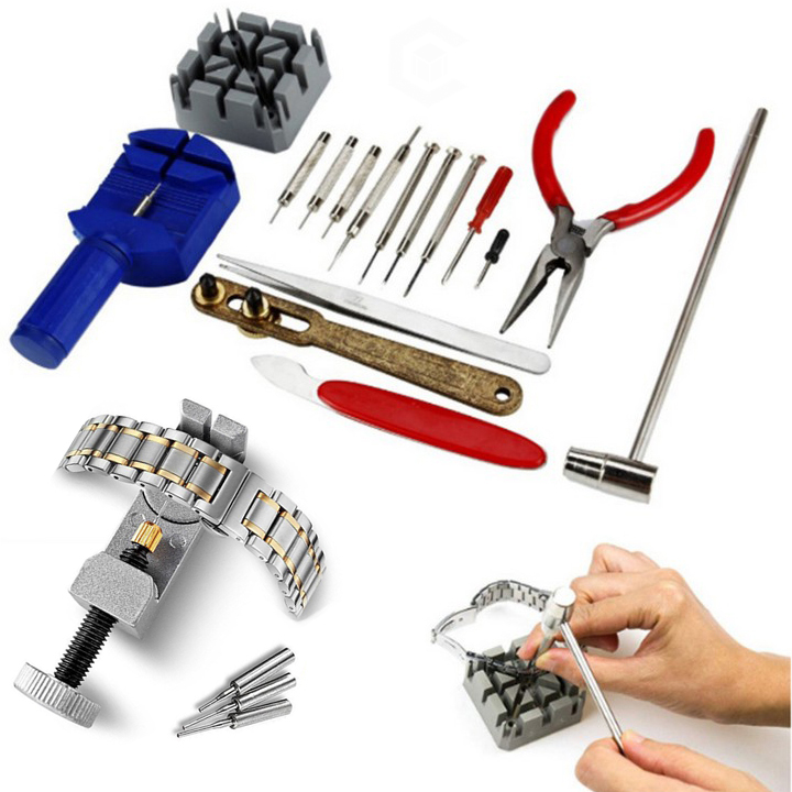 Bộ Phụ Kiện Dụng Cụ Sửa Chữa Đồng Hồ 16 Món + 1 Cắt Mắt Kim Loại Gỡ Mắc Tháo Dây Thay Pin Chuyên Dụng ( Gồm tô tua vít, van cậy nắp đáy, dao nậy mở, búa 2 đầu nhựa sắt, khung đục giữ chốt, nhíp... )