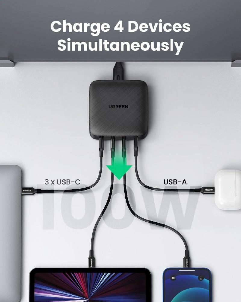 Ugreen UG70869CD226TK 100W 4port USB-C Màu đen Bộ sạc nhanh để bàn 4 cổng USB-C - HÀNG CHÍNH HÃNG
