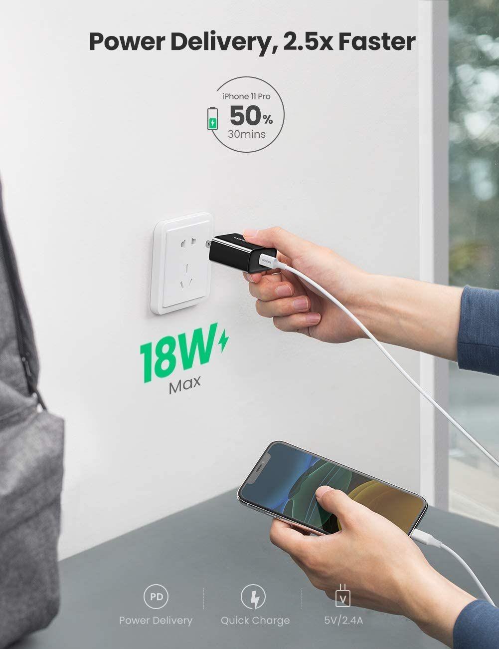 Ugreen UG10184CD137TK 18W PD3.0 usb type c màu đen sạc nhanh chuẩn US ABS plastic - HÀNG CHÍNH HÃNG