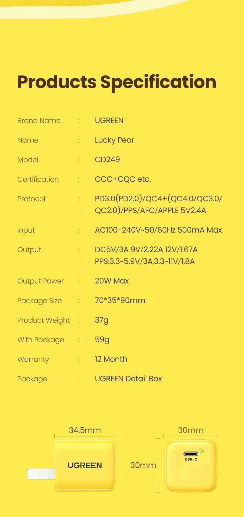 Ugreen UG80947CD249TK 20W Màu Vàng Bộ Sạc nhanh USB-C QC4.0 PD 3.0 Lucky Pear - HÀNG CHÍNH HÃNG