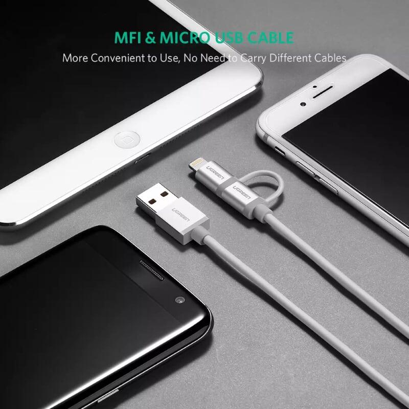 Ugreen UG20748US165TK 1M màu Trắng Cáp sạc đa năng USB sang MicroUSB + Lightning - HÀNG CHÍNH HÃNG
