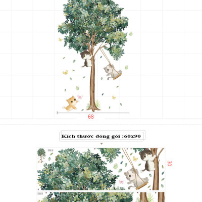 Sticker Giấy Dán Tường Decal Dán tường Tranh Dán Tường Trang Trí Tường Mẫu Mèo Chơi Xích Đu ZDB-2153