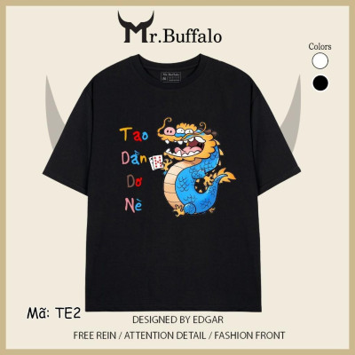 Áo Thun tay lỡ trắng đen xì rách tết 2024 rồng TE2 Mr.Buffalo