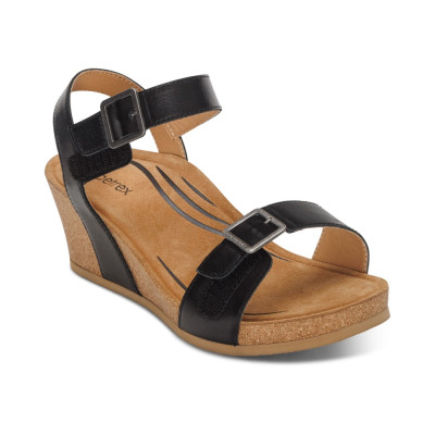 Sandal sức khoẻ nữ Aetrex Lexa Black - Giày cao 5p đế da mềm nhẹ, không chúi mũi chân