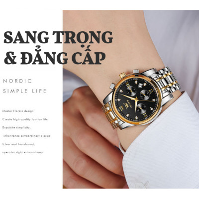 Đồng Hồ Nam OLEVS-2858 Mặt Tròn Mạ Vàng 18k Chống Nước Chạy Đủ 6 Kim Có Ô Lịch Ngày Khóa Bướm Có Hộp In Logo Chính Hãng