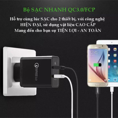Ugreen UG30599CD132TK 30W màu Đen Củ sạc nhanh 2 cổng USB chuẩn QC 3.0 + 2.4A - HÀNG CHÍNH HÃNG