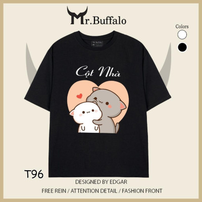 Áo đôi, cặp tay lỡ unisex Mèo mochi nóc nhà, cột nhà dễ thương Mr.Buffalo T96T97